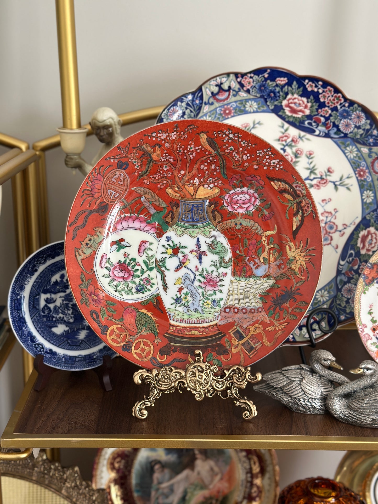 Coral Famille Rose Chinoiserie Plate