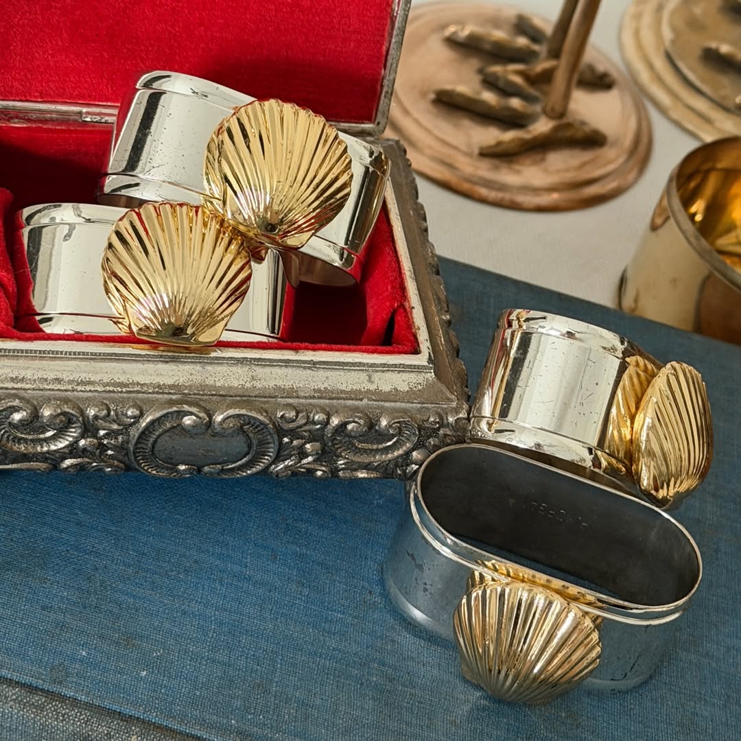 Brass and Silverplate Shell Napkin Rings (Set of 4)