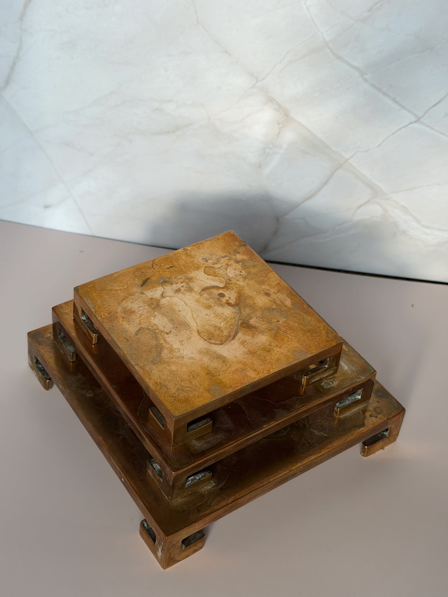 Vintage Brass Greek Key Riser Set — Nesting Trio