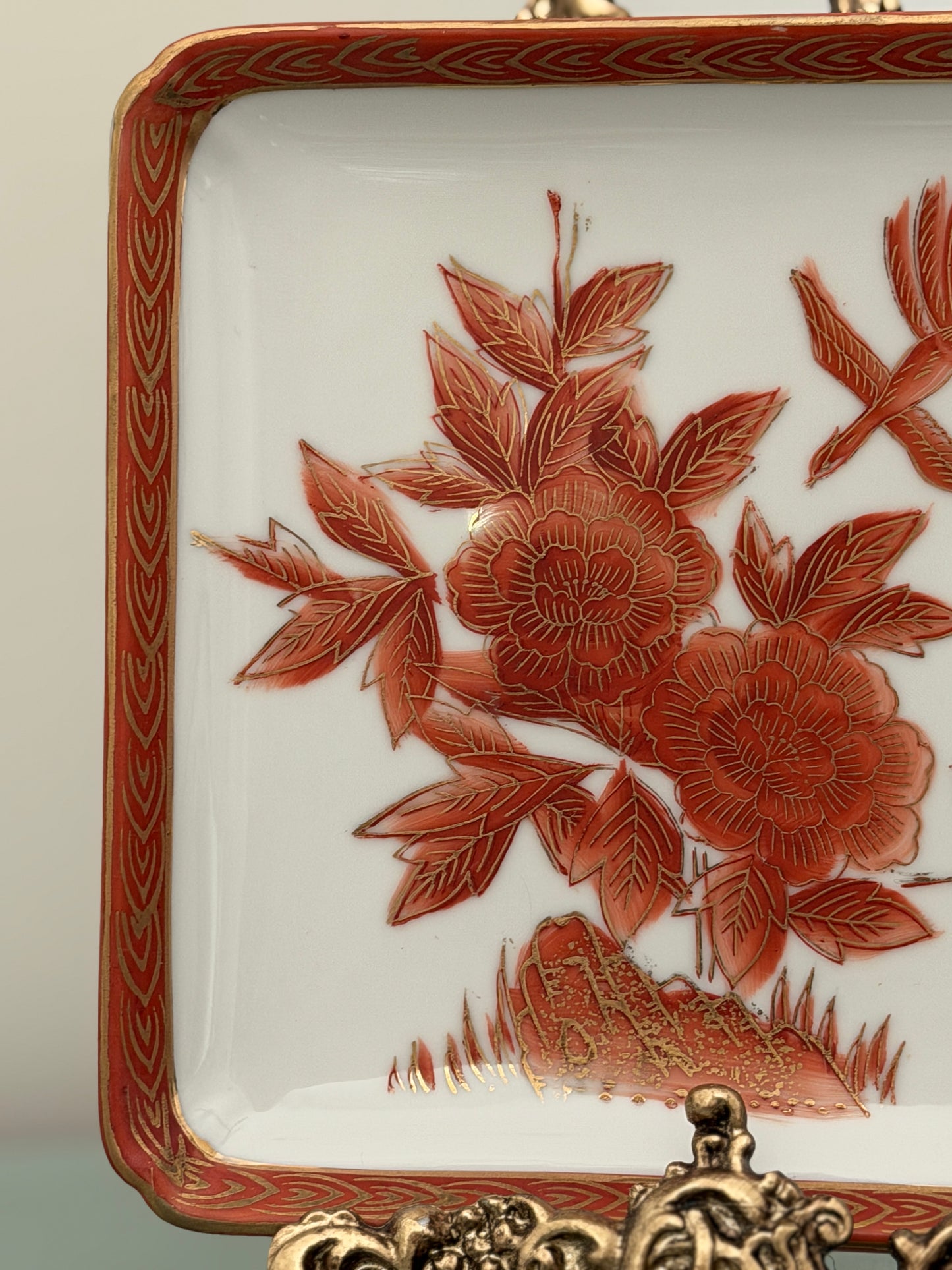 Iron-Red Chinoiserie Square Dish