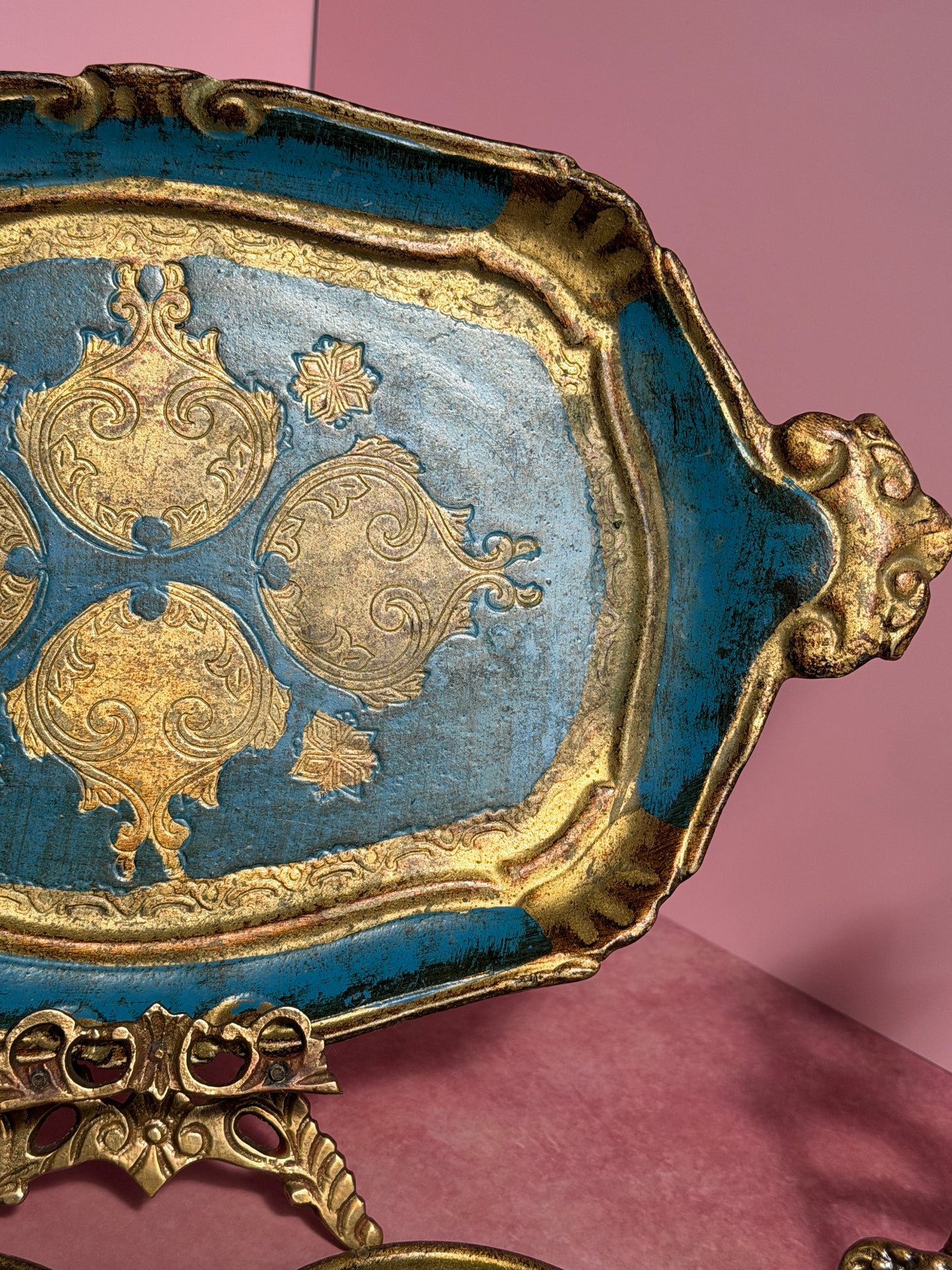 Italian Florentine Tray in Lapis Blue & Gold, with Coordinating Coaster Set