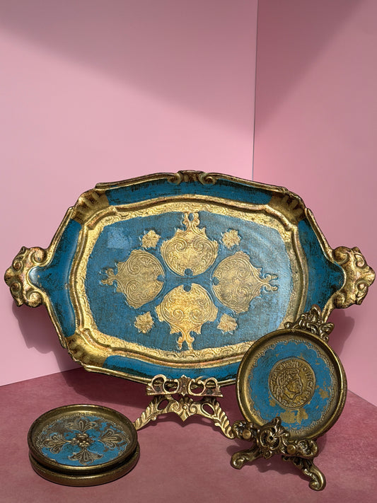 Italian Florentine Tray in Lapis Blue & Gold, with Coordinating Coaster Set