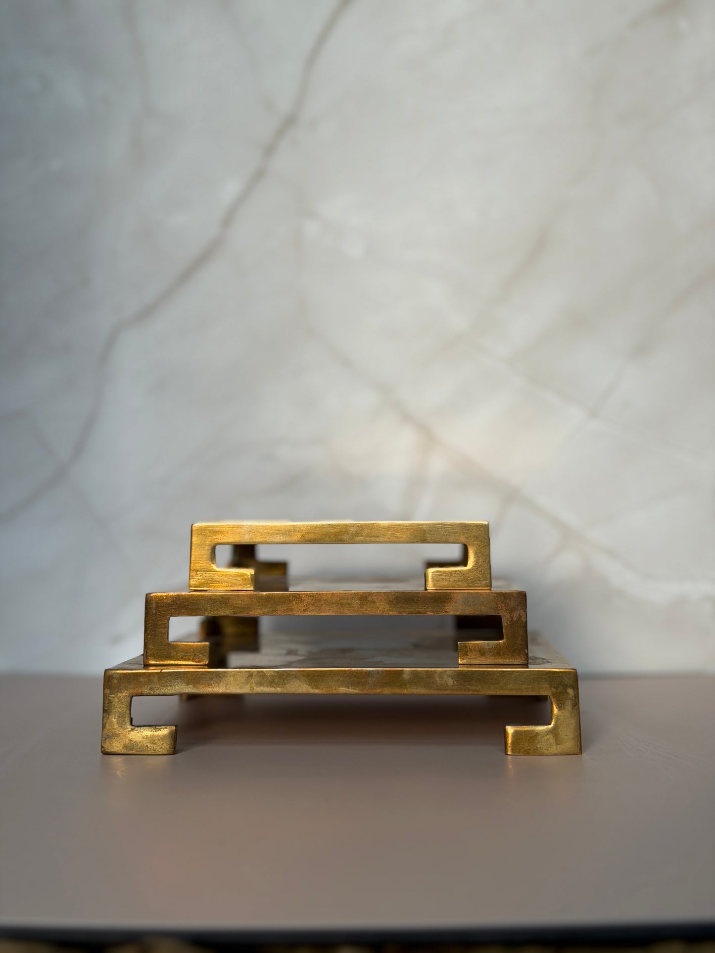 Vintage Brass Greek Key Riser Set — Nesting Trio