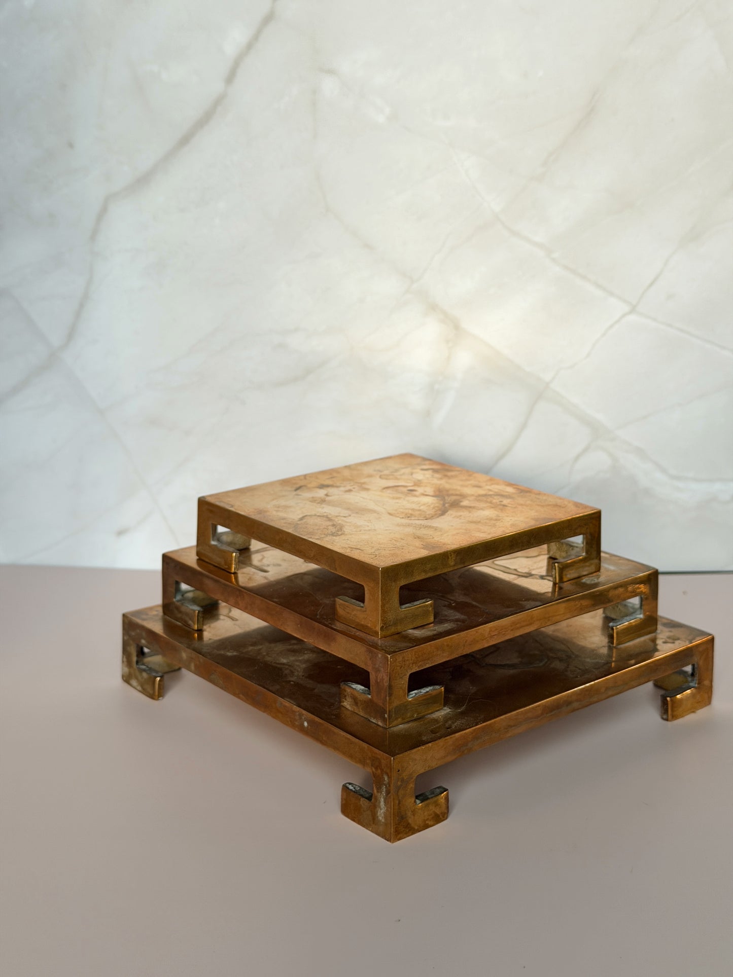 Vintage Brass Greek Key Riser Set — Nesting Trio