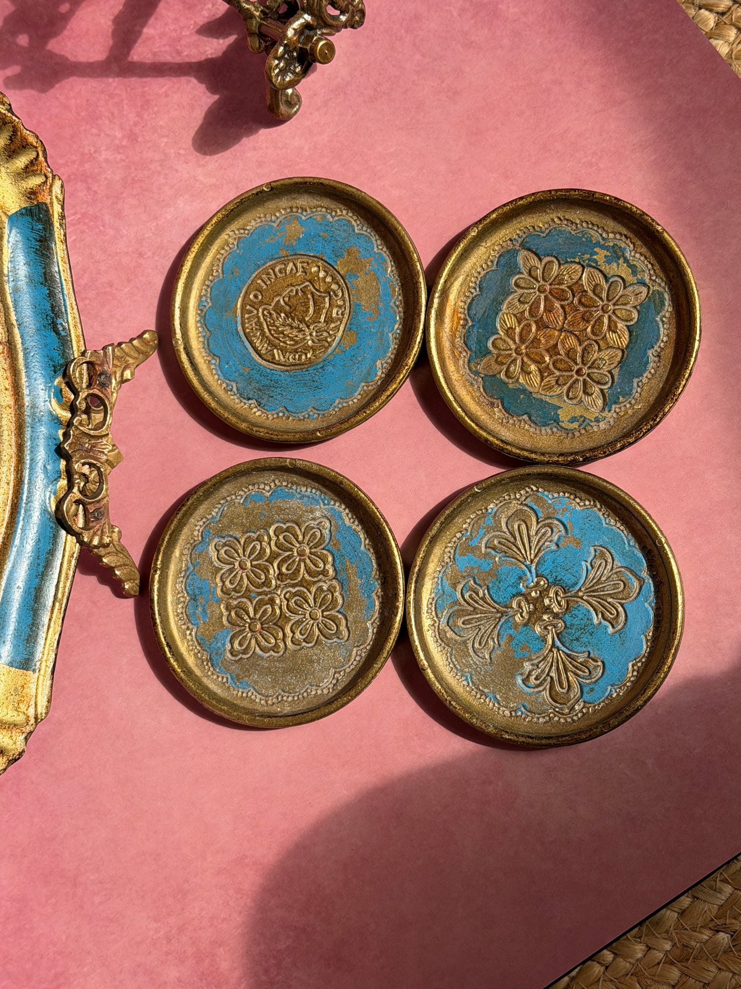Italian Florentine Tray in Lapis Blue & Gold, with Coordinating Coaster Set