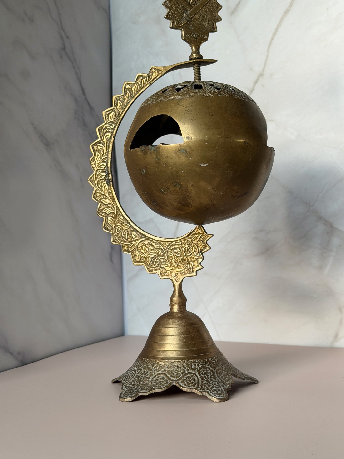 Vintage Brass Ashtray on Crescent Moon Stand