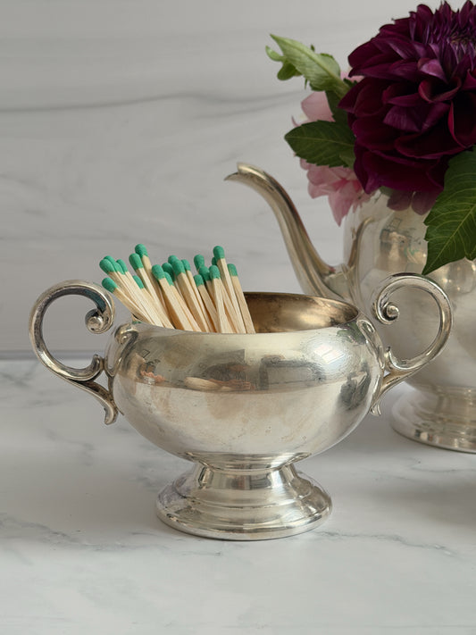 Vintage Silverplate Open Sugar Bowl with Scroll Handles, Match Holder