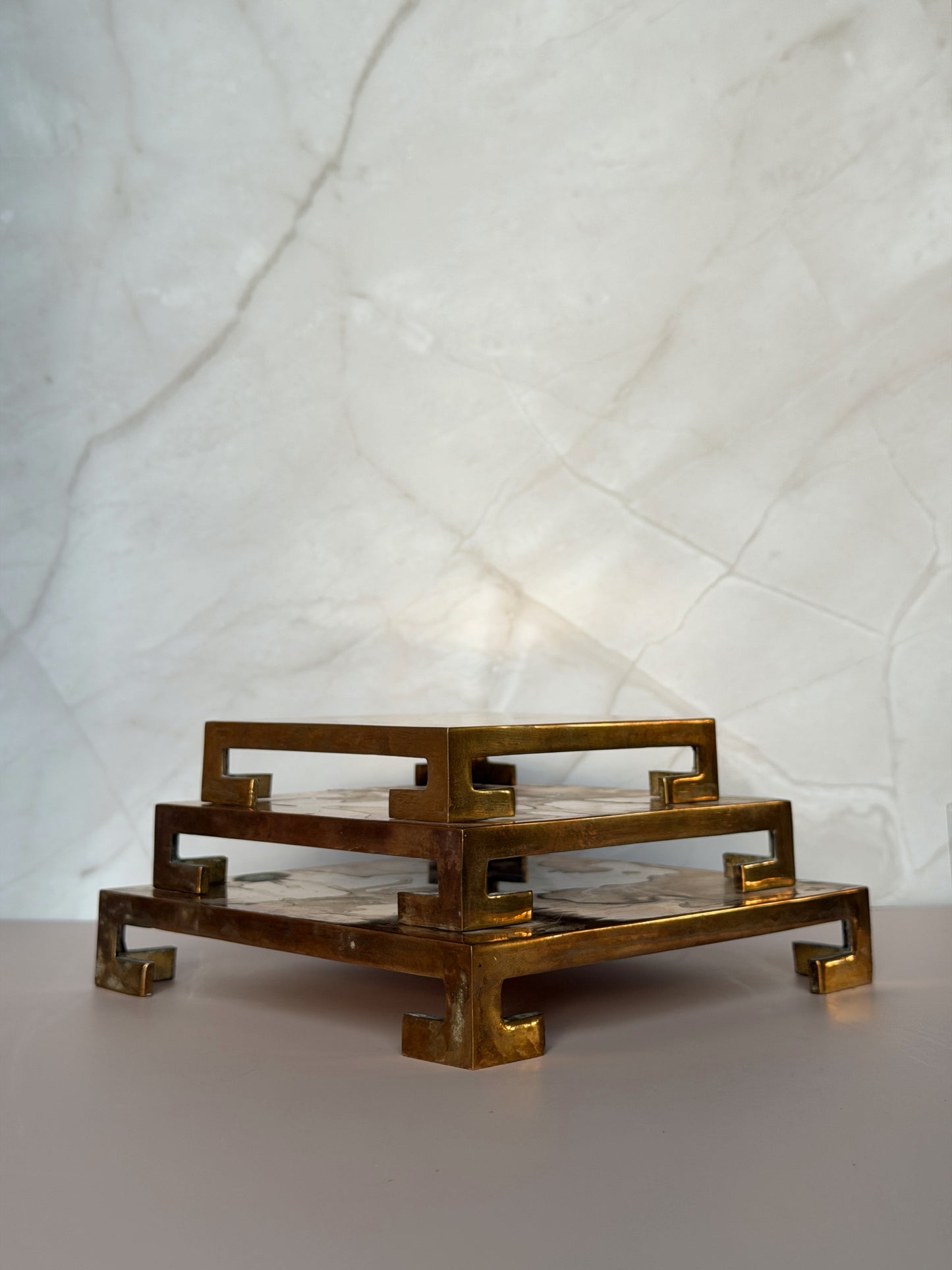 Vintage Brass Greek Key Riser Set — Nesting Trio