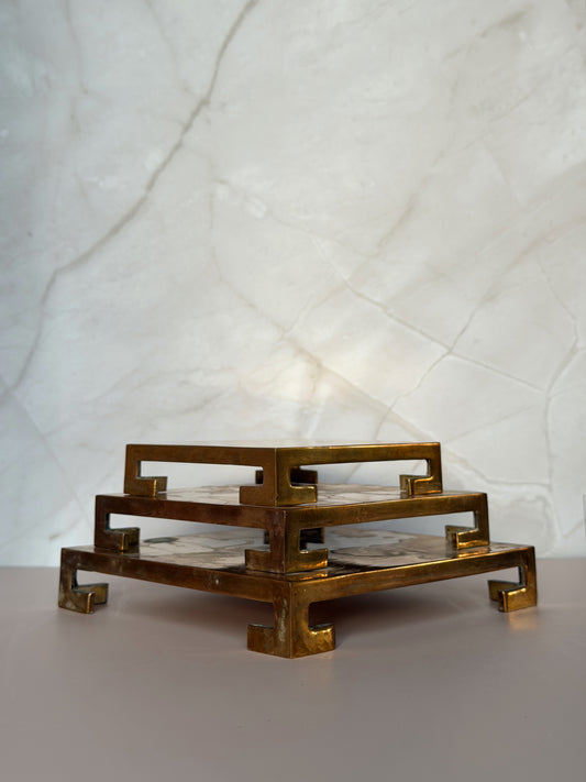 Vintage Brass Greek Key Riser Set — Nesting Trio
