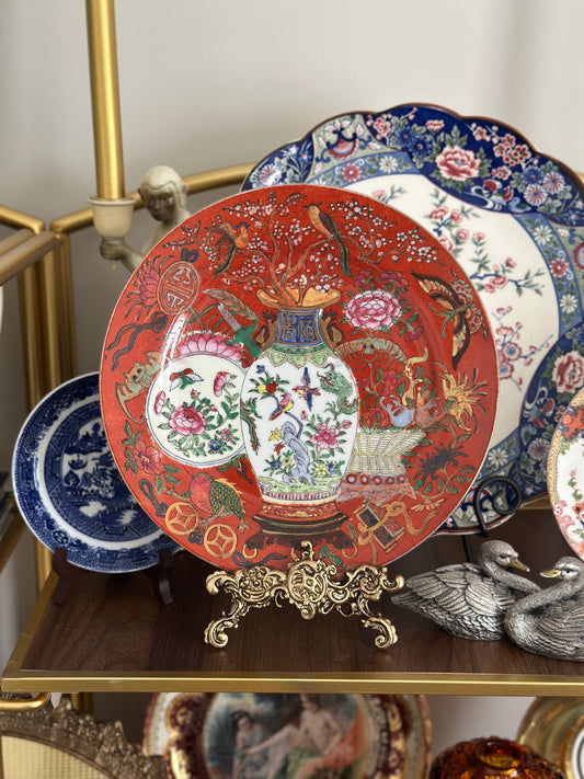 Coral Famille Rose Chinoiserie Plate