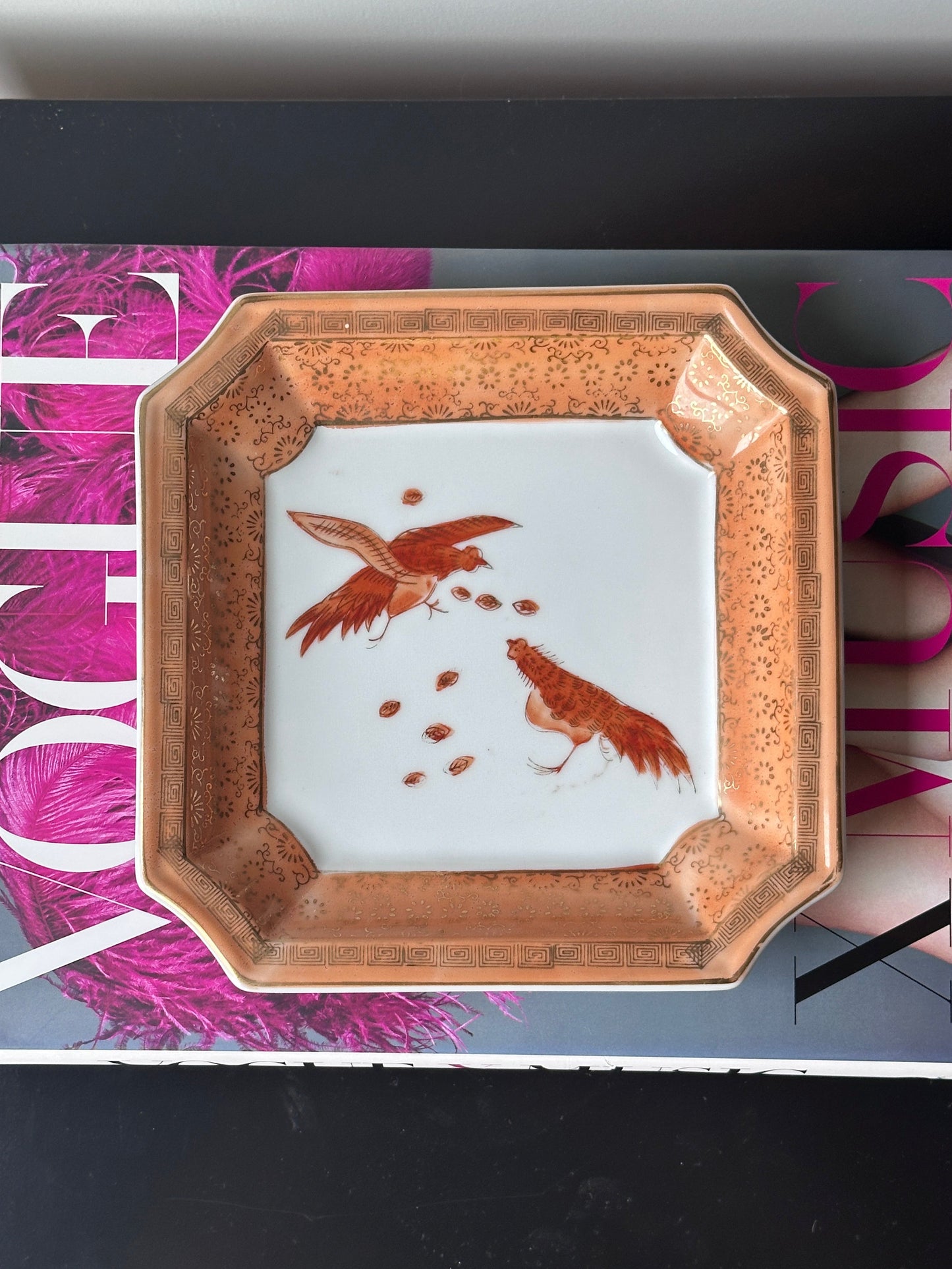 Andrea by Sadek Kutani Cockerel Dish in Orange & Gold