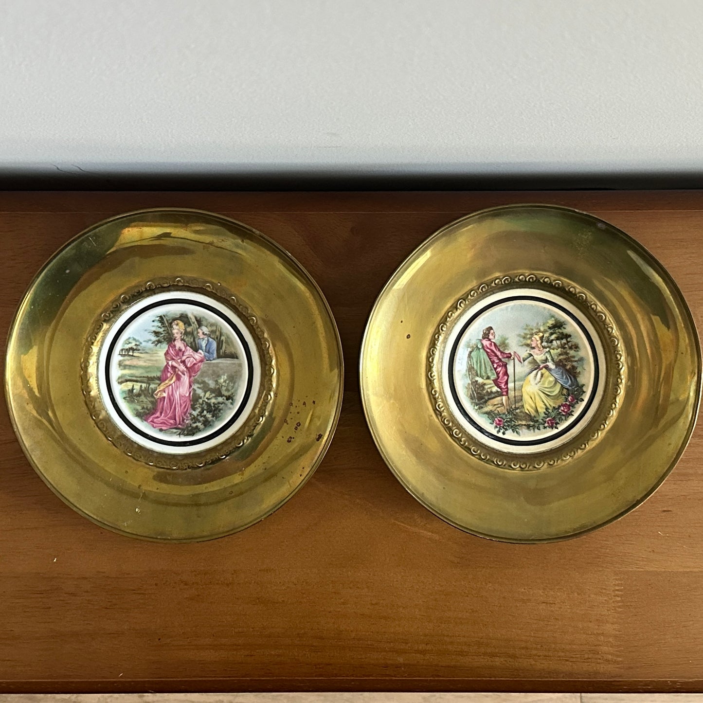 Regency Brass & Bone China Wall Plates (Pair)