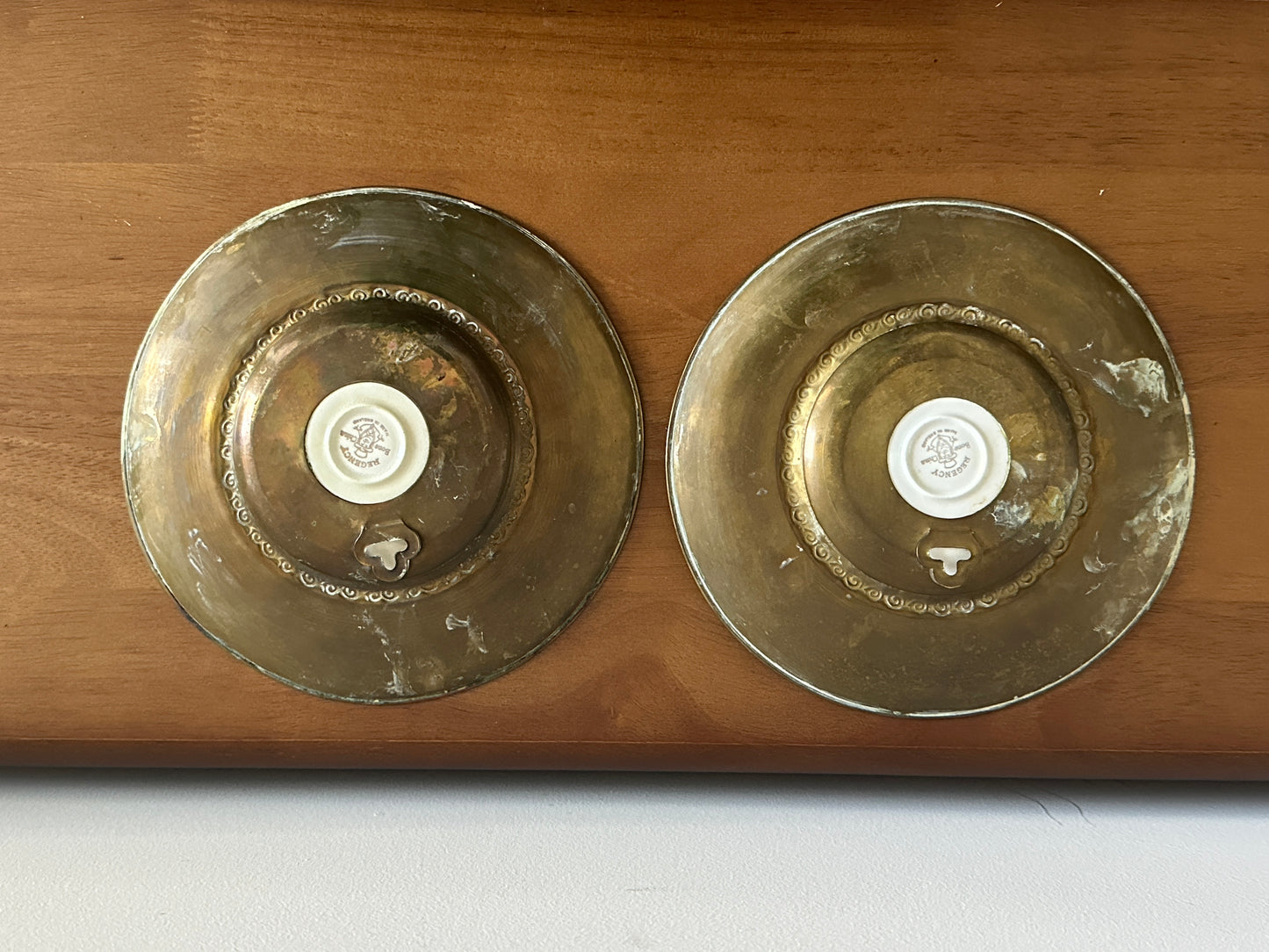 Regency Brass & Bone China Wall Plates (Pair)