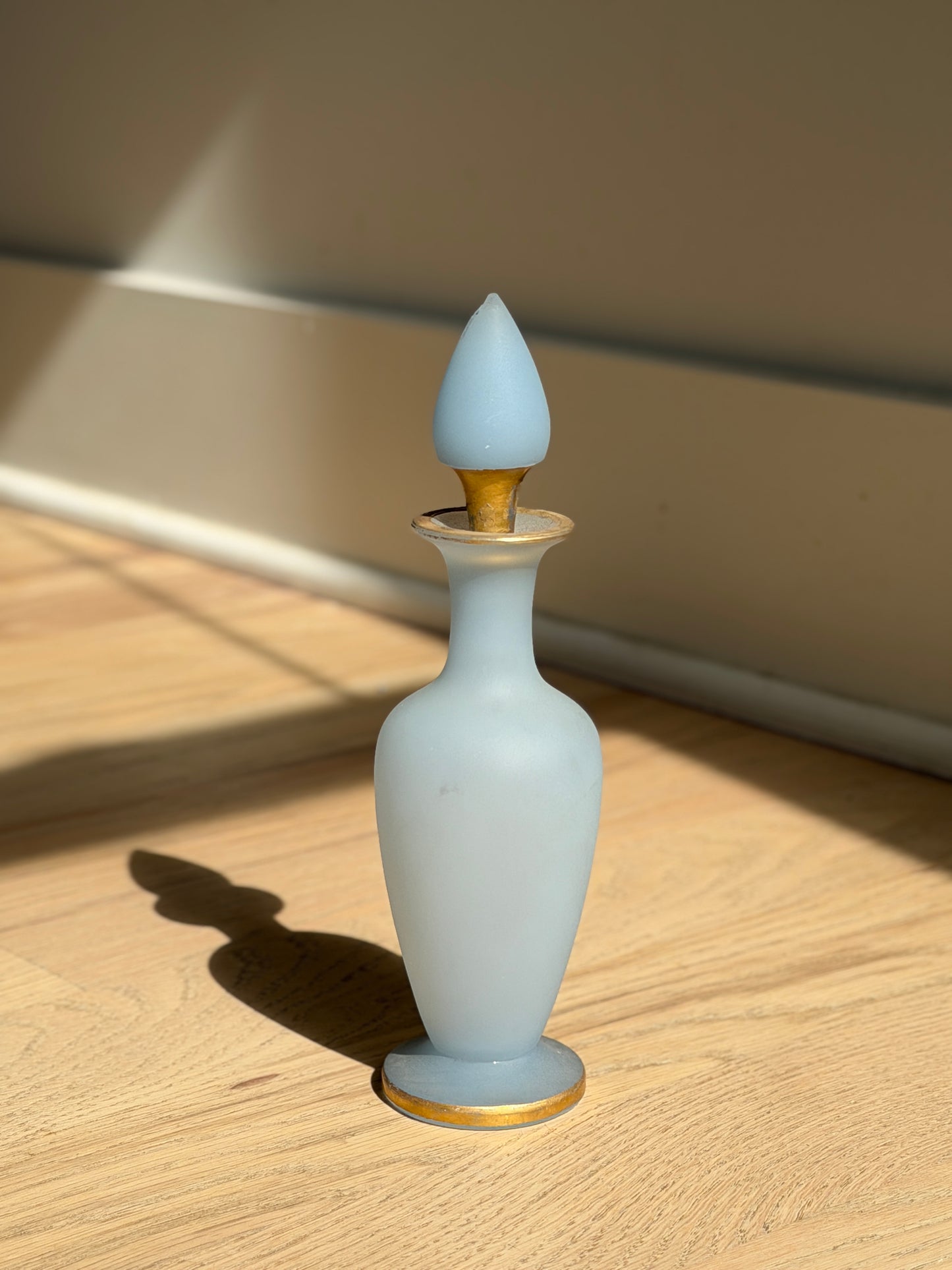 Pale Blue Satin Glass Perfume Bottle with Gilt Trim