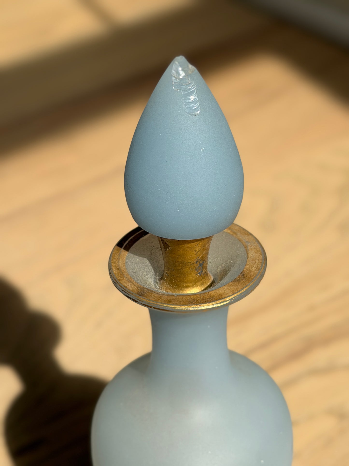 Pale Blue Satin Glass Perfume Bottle with Gilt Trim