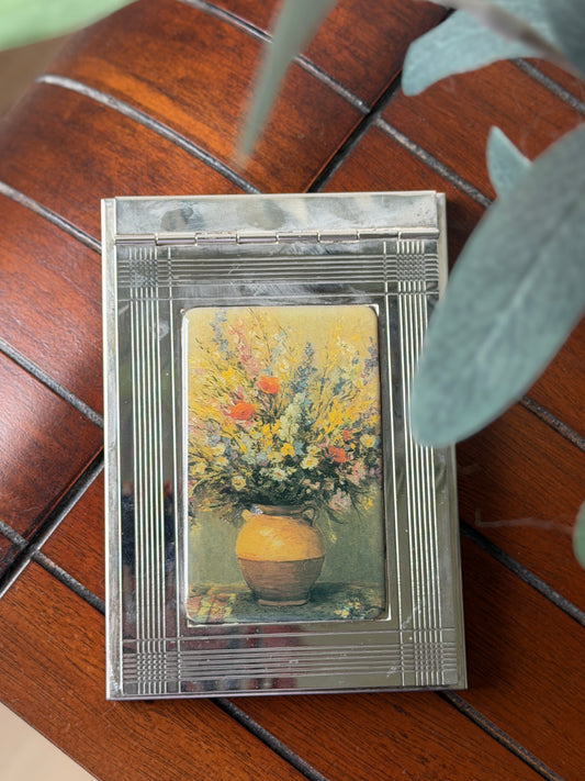 Deco Silverplate Notepad Holder with Floral Still Life Lid