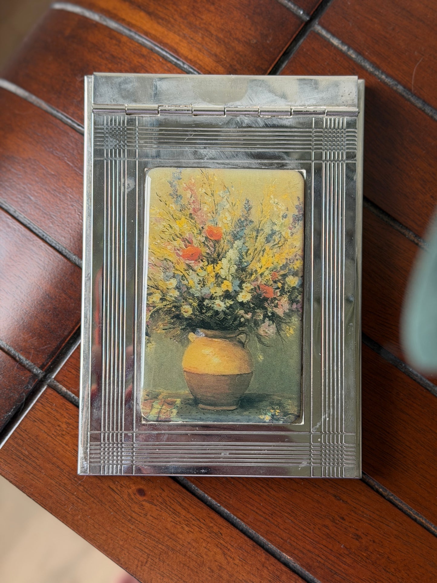 Deco Silverplate Notepad Holder with Floral Still Life Lid