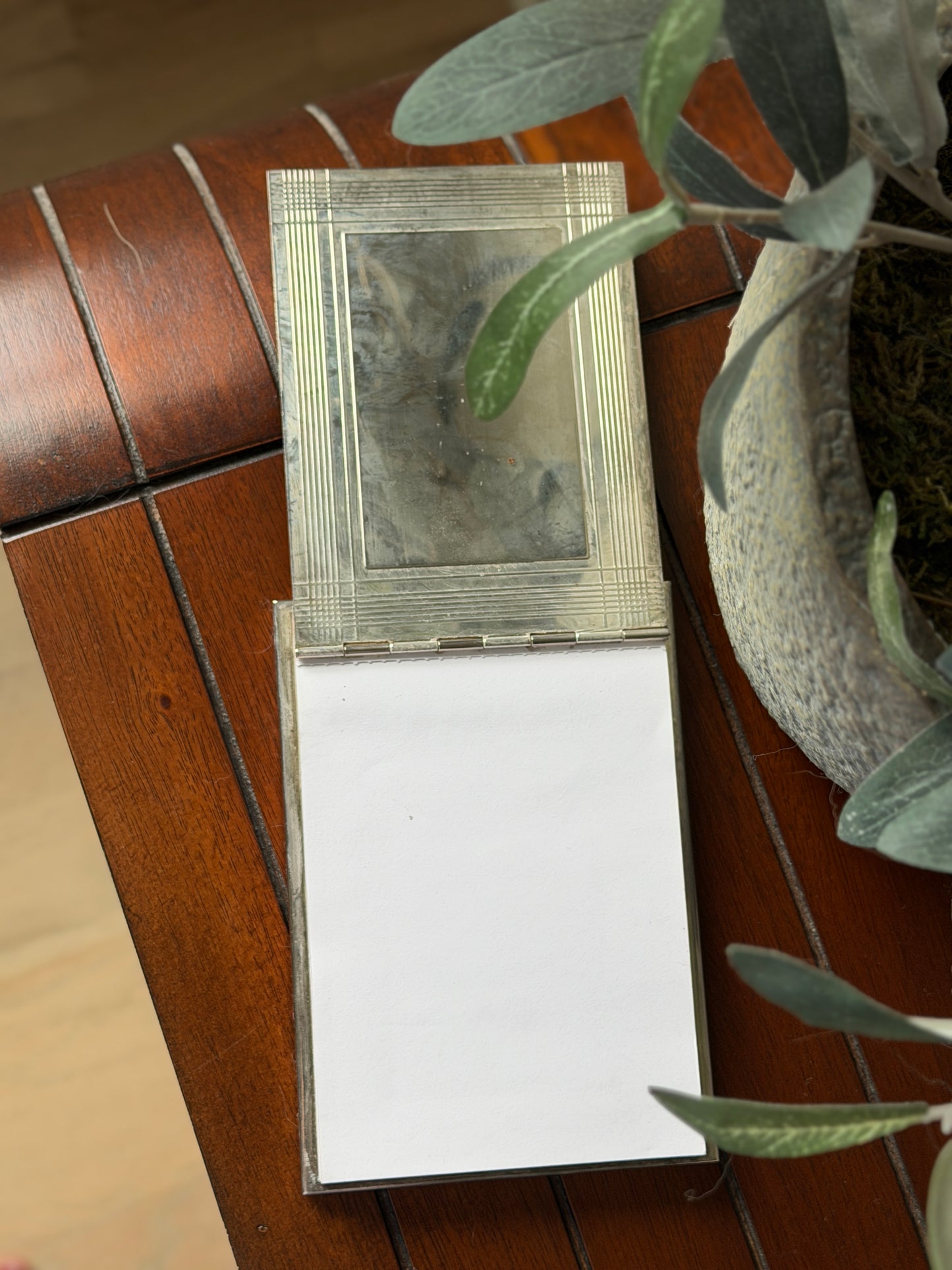 Deco Silverplate Notepad Holder with Floral Still Life Lid