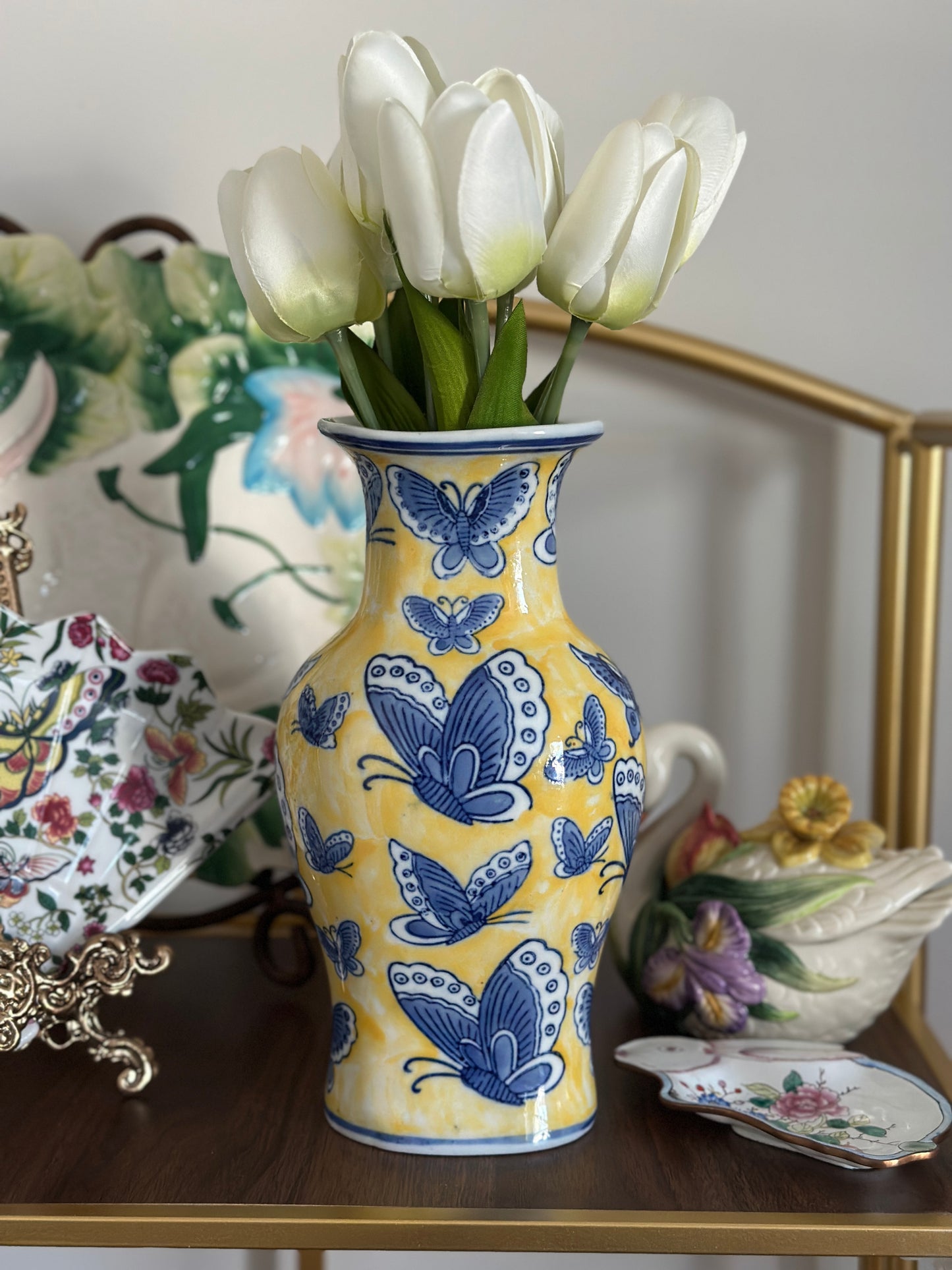 Yellow & Blue Butterfly Chinoiserie Vase