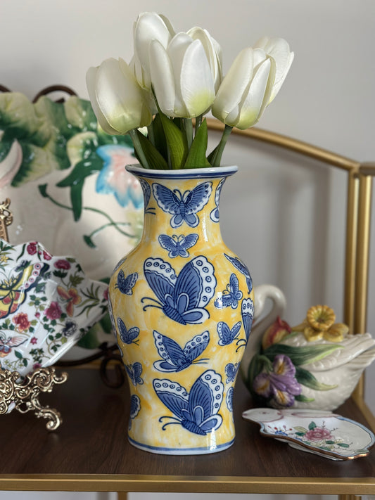 Yellow & Blue Butterfly Chinoiserie Vase