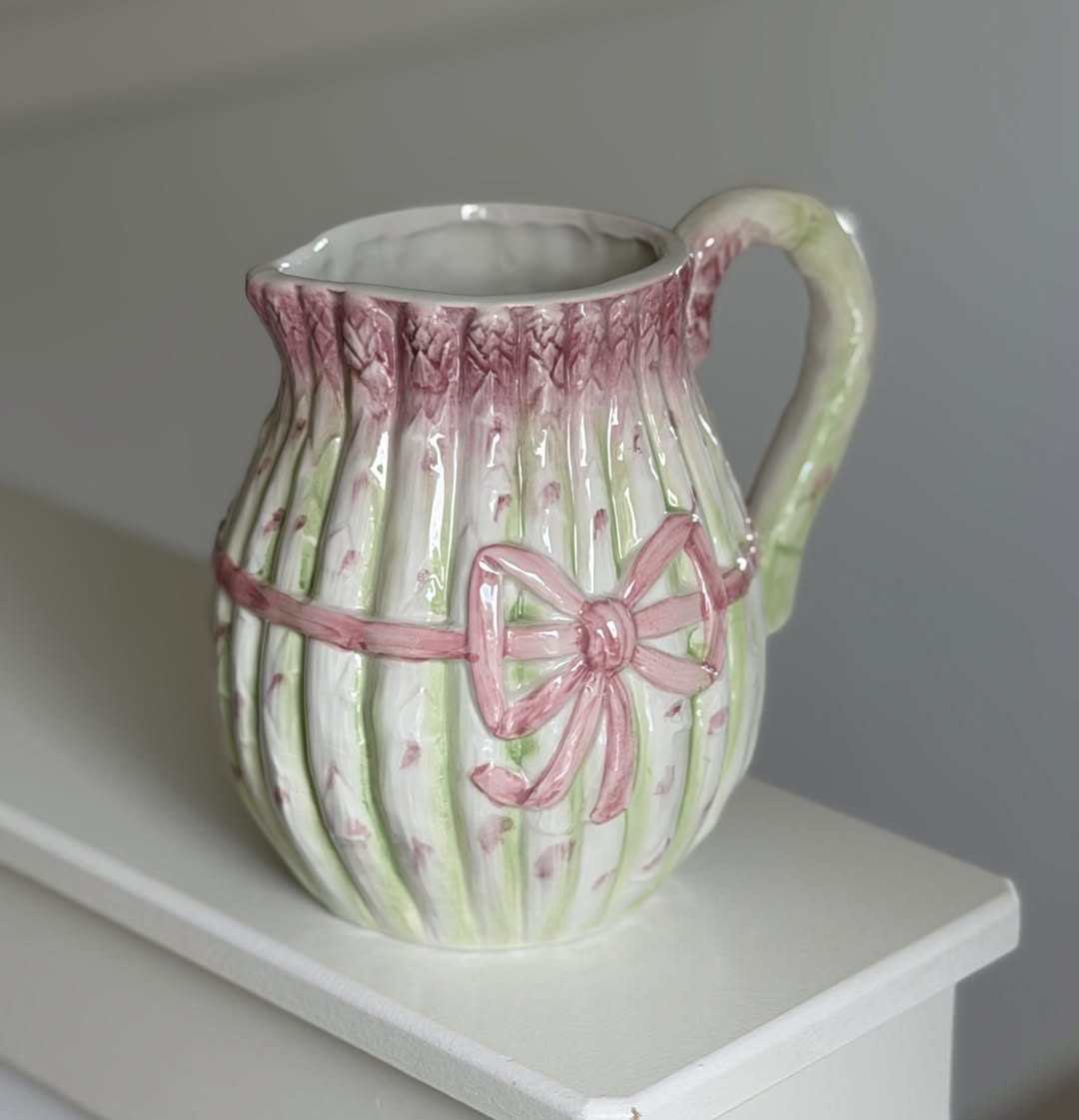 Majolica Asparagus Pitcher with Pink Bow