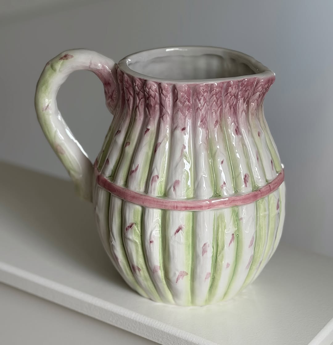 Majolica Asparagus Pitcher with Pink Bow
