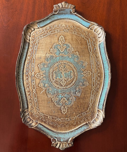 Florentine Turquoise & Gold Tray, Made in Italy, LARGE!